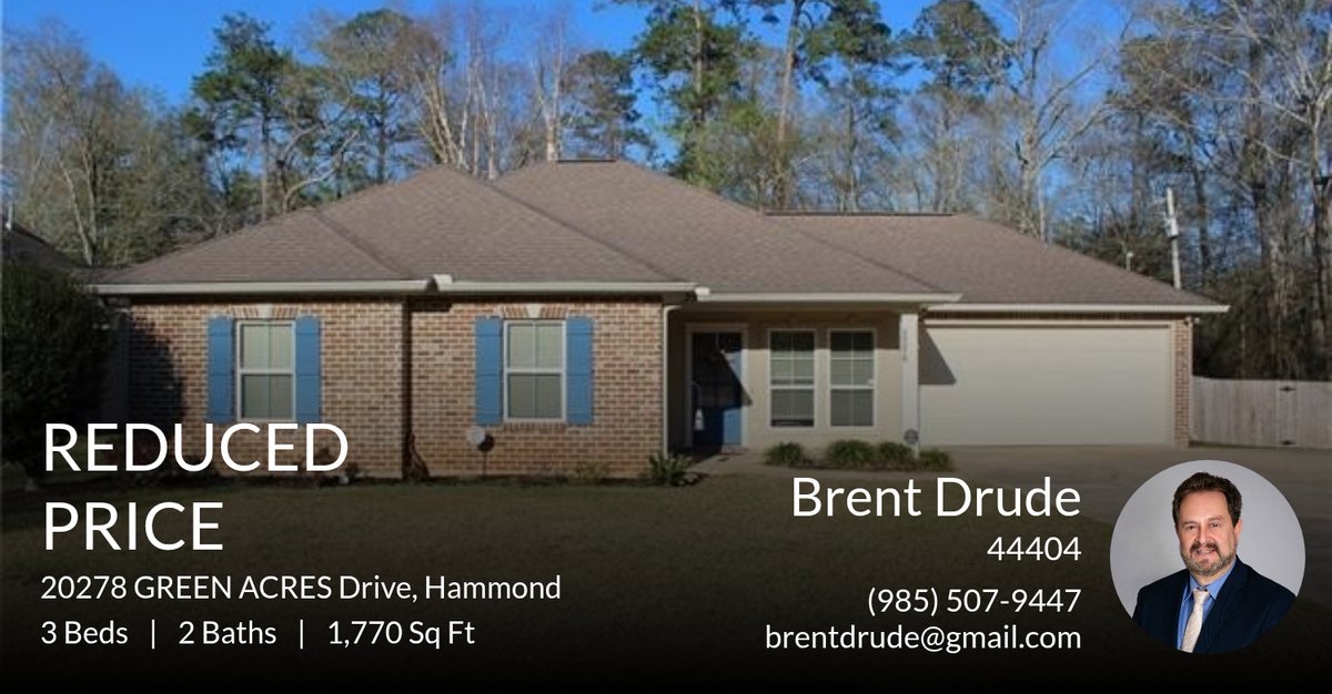 RealDrude's tweet photo. 📍 Reduced Price 📍 This recently reduced home at 20278 Green Acres Drive in Hammond won't last long, so, don't wait to set up a showing! Reach out here or at (985) 507-9447 for more information! https://t.co/ZOWN5xnGle https://t.co/oEu0TWQx6C