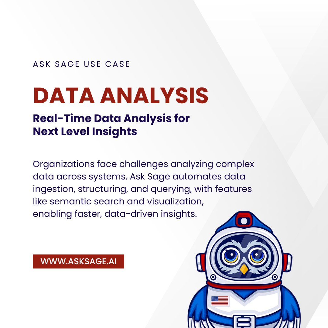 AskSageAI's tweet photo. Unlock the power of your data with Ask Sage! 🚀
Our platform automates real-time data ingestion, structuring, and querying—plus advanced semantic search, summarization, and visualization.
Learn more: https://t.co/J6J2ok45e2
#AskSage #BBAI #GenAI #DataAnalysis https://t.co/WS40S2AAr5