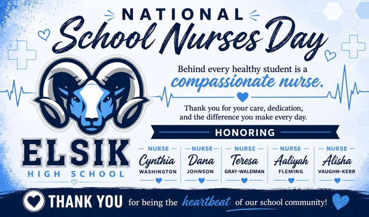ElsikNGCRams's tweet image. 💙 Today we celebrate the heartbeat of Elsik High School! Happy National School Nurses Day to Nurse Cynthia Washington and Nurse Dana Johnson for the care, compassion, and support they provide our Mighty Rams each day. Thank you for always leading with heart! 🩺 #RamNation