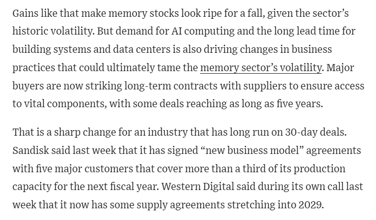 WSJheard's tweet photo. Memory-chip stocks are notoriously volatile. Could this time be different? @djtgallagher makes the case: https://t.co/F7OZO5NHGR