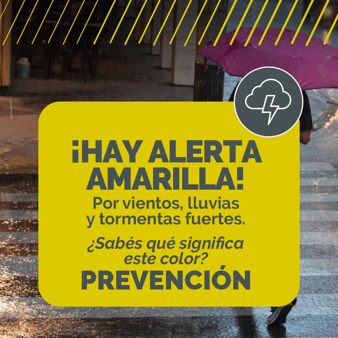 MuniRosario's tweet photo. ALERTA AMARILLA🟡
El @SMN_Argentina informó sobre la posibilidad de  abundantes lluvias para hoy en Rosario, con fuertes vientos, actividad eléctrica y ocasional granizo. 
⚠️ Estas condiciones cambiarán a nivel naranja🟠 para la madrugada del jueves 7. https://t.co/kTOC8C2xWb