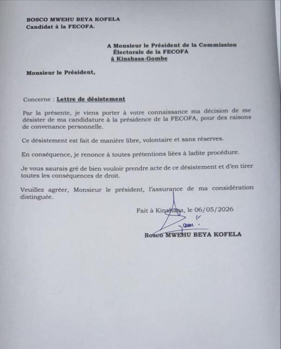 La mascarade électorale et les pressions continuent en RDC 🇨🇩 : Bosco Mwehu retire sa candidature aux élections de la FECOFA

Va-t-on assister au ridicule absolu avec un désistement général pour laisser le seul Véron Mosengo-Omba se présenter pour être sûr de sa victoire avec la