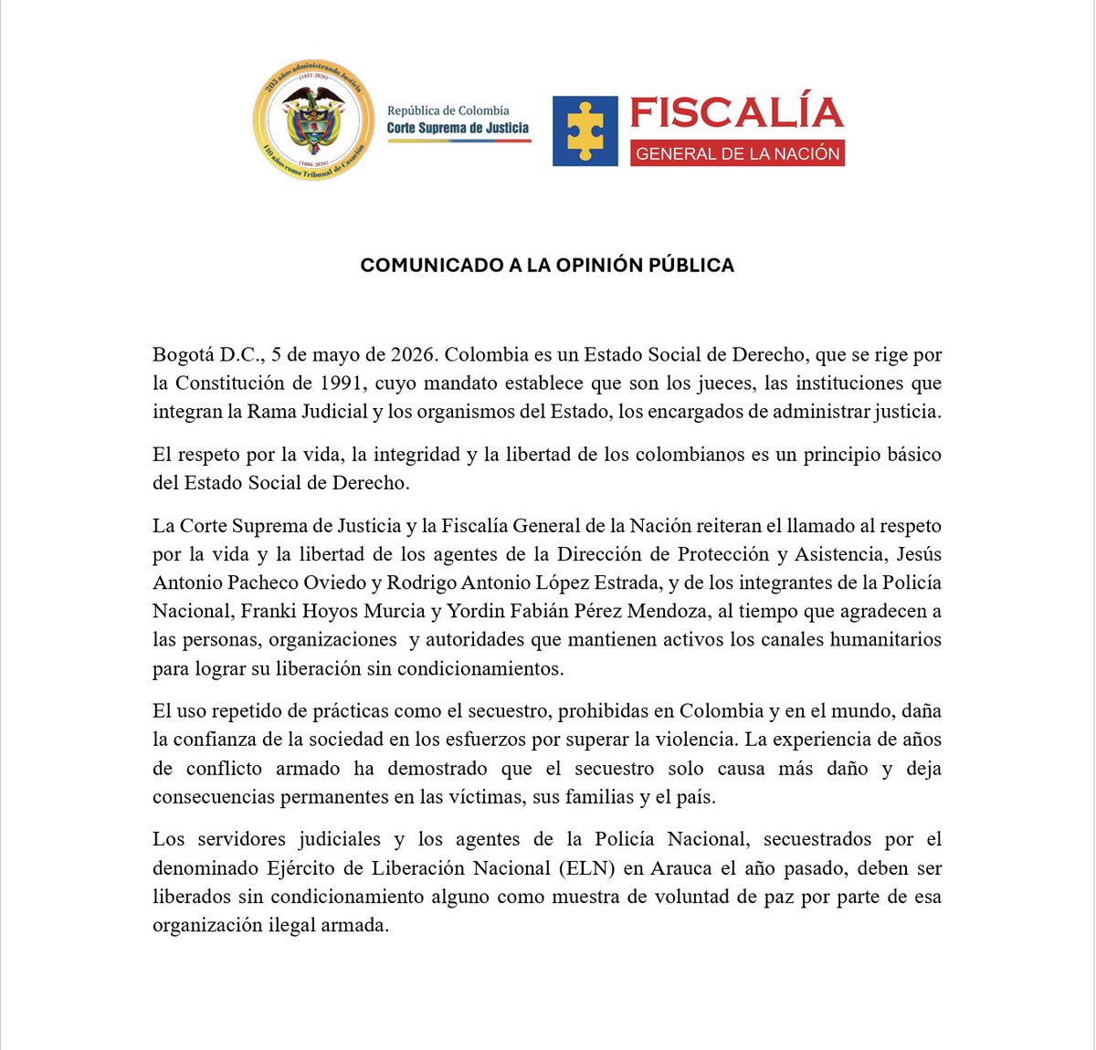 CorteSupremaJ's tweet photo. Comunicado de la Corte Suprema de Justicia y la Fiscalía General de la Nación.

Ver: https://t.co/pLcRcwXIer https://t.co/kPiqsrEBMb