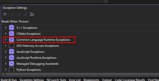 rene_r2005's tweet photo. @madskristensen @madskristensen 
I found a way to restore my default exception settings
using "await xecuteCommandAsync("DebuggerContextMenus.ExceptionSettingsWindow.RestoreDefaults");"

How to enable all exceptions with macros, is this possible?
There seems to be no command for "Set All".
br https://t.co/ybcwkyfwDg