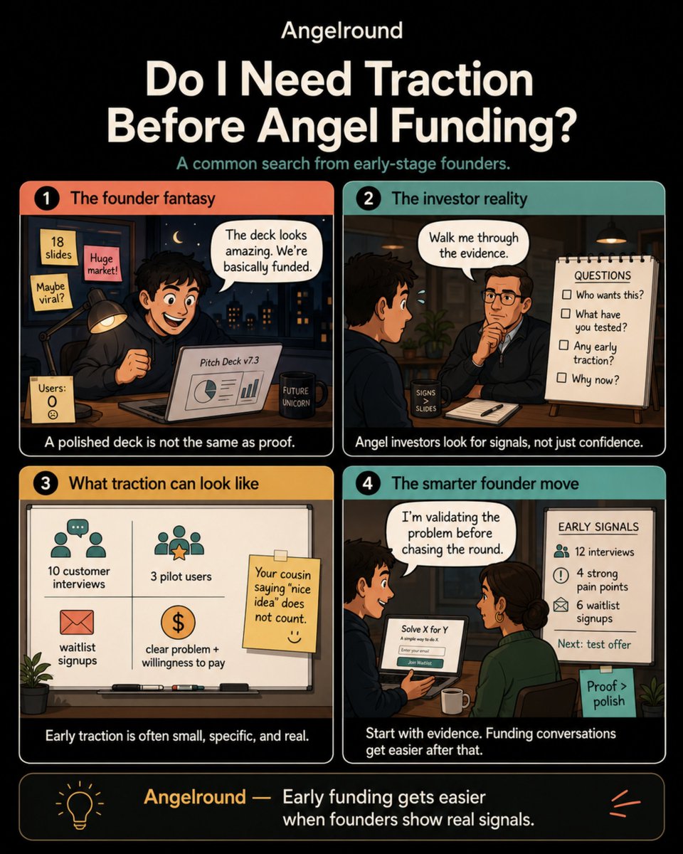 AngelRoundHQ's tweet photo. A polished deck can open the door.
Proof keeps the conversation going.
Angel investors want signals: customer pain, early users, waitlist interest, and clear next steps.

#Angelround #StartupFunding #AngelInvestors https://t.co/P6A6jzE1UY