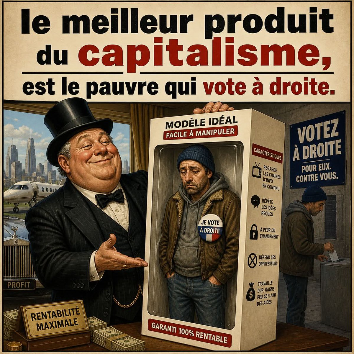 Le meilleur produit du capitalisme c'est le pauvre qui vote à droite 
Faut être stupide de voter a droite qd on est pauvre.