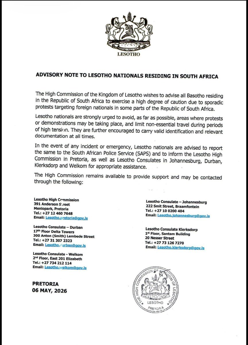 The High Commission of #Lesotho in Pretoria urges Basotho living in #SouthAfrica to remain vigilant and promptly report any incident/emergency to relevant officials. They have also been advised to always carry passports &amp; relevant documents at all times. 
<a href="/ForeignLesotho/">Foreign Affairs Lesotho</a>