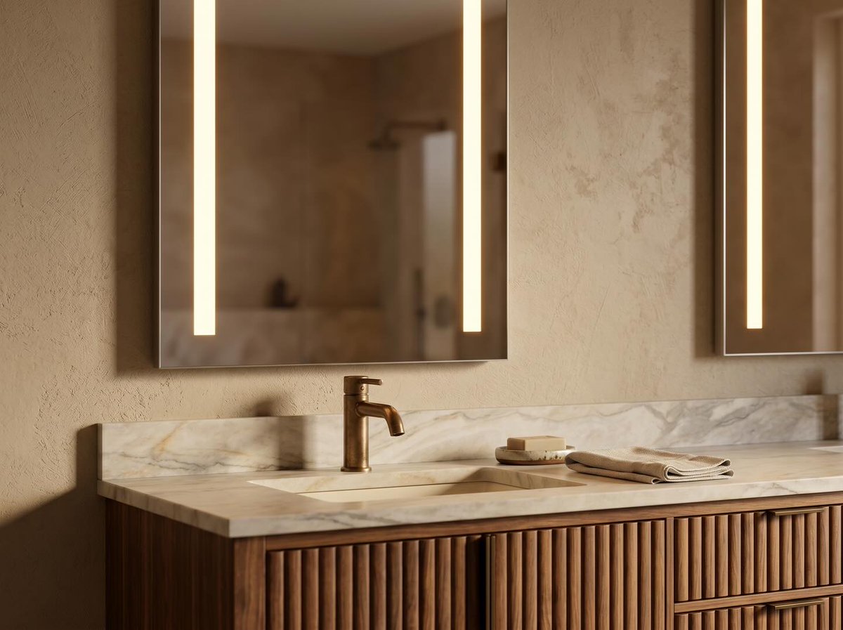 SofiaCabinets's tweet image. #LED wall #mirrors bring more than reflection to your #bathroom - they create atmosphere. Shown is our Aluminum Framed Mirror Collection, with double strips of light. High polished mirror edge detail and #aluminum housing complete this elevated look. #madeintheusa