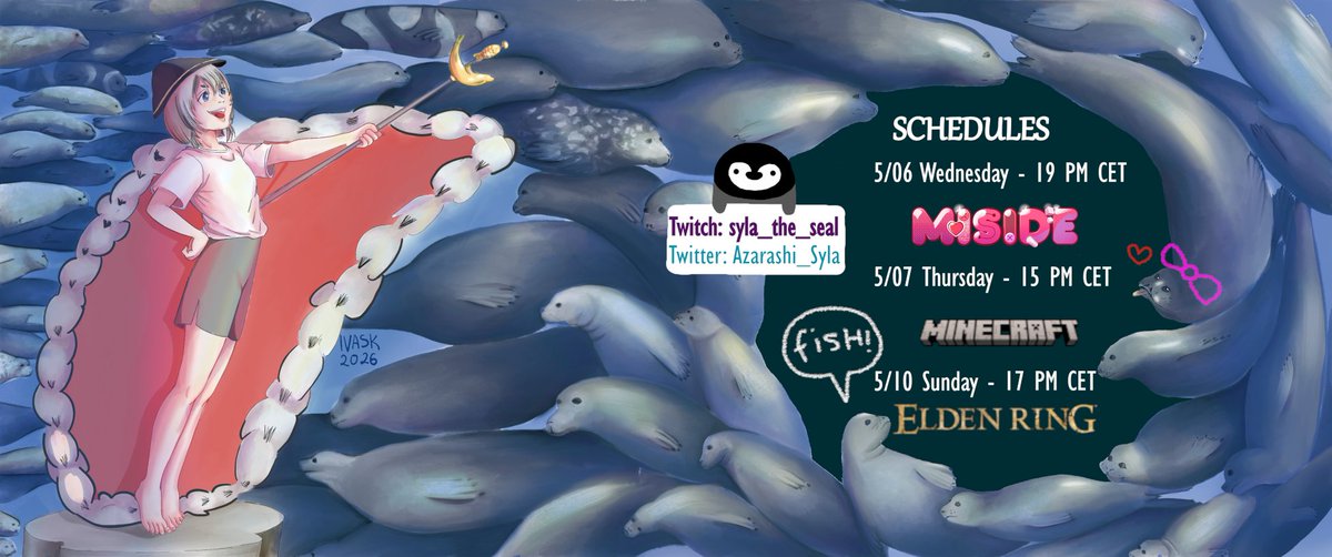 Azarashi_Syla's tweet photo. Schedules! Is @megasuperseal feeling bonita?🎀🦭🎀Hopefully #ELDENRING doesn't crash again otherwise we have other games! #Minecraft #Miside #Vtuber #ENVtuber https://t.co/YDNrkrNCn8