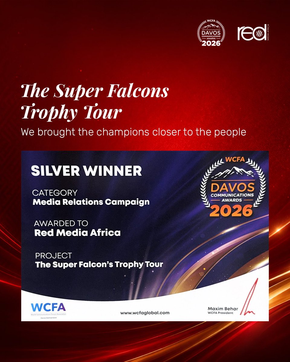 RedMediaAfrica's tweet photo. Built from culture. Recognised globally.
Three awards at the Davos Communications Awards 2026 — proof that African storytelling belongs on the world stage.
Proudly representing Nigeria and Africa.
#davosawards2026 #redmediaafrica https://t.co/Wk1fuq3dv6