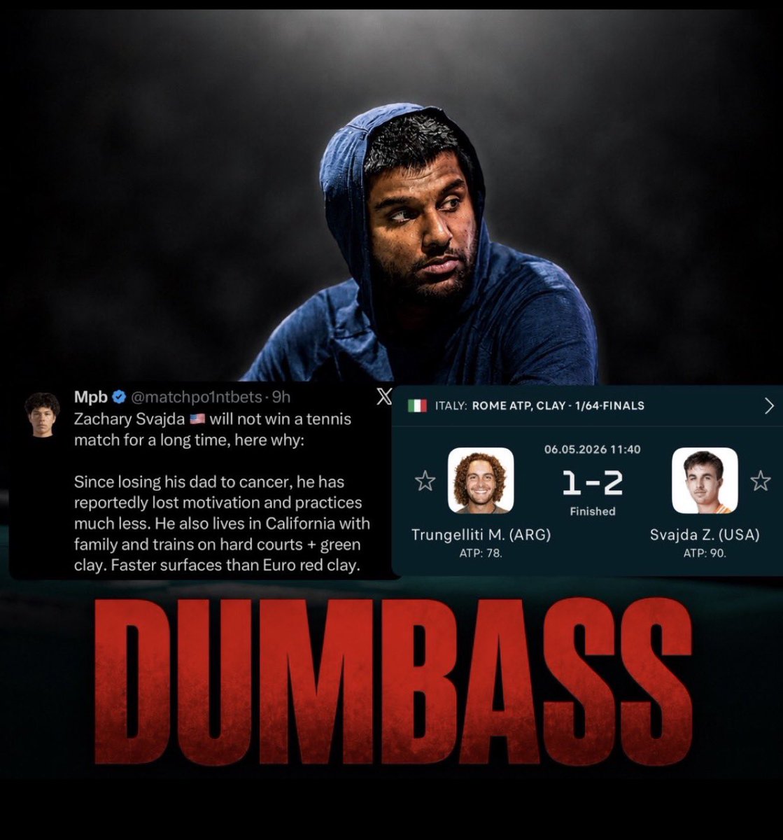 tadpolebe2021's tweet photo. Let’s get a laugh this morning 

Sources from inside information said Zach was not going to win

Lmfao 🤣 

This dude is comedy fr

Got my sources from Sinner coach or Carlos trainer 😆 

Zach 100% was not winning &amp; just there to get his appearance check 🤪 

@matchpo1ntbets https://t.co/EwqRxjJlgT