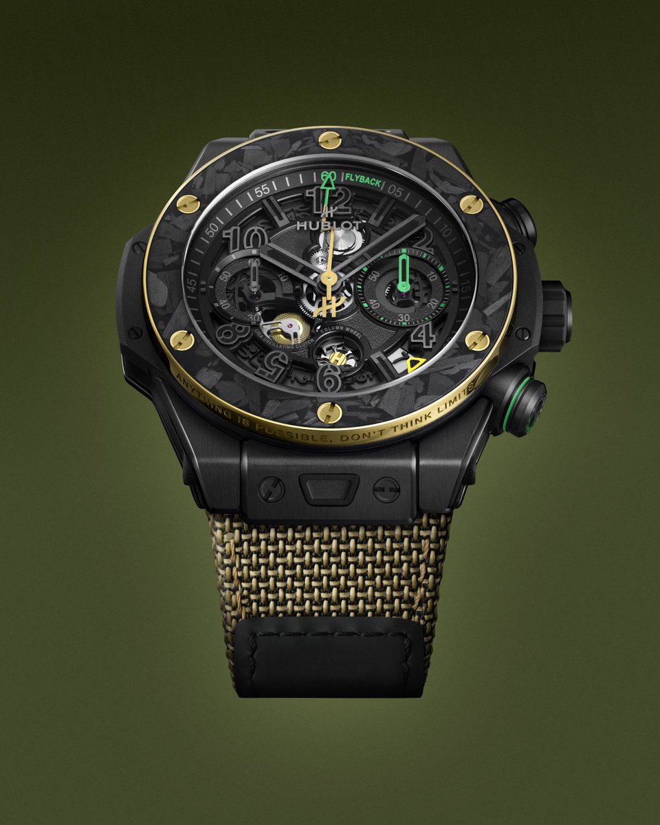 Hublot's tweet photo. Big Bang Reloaded: Usain Bolt
Speed, recoded.

Created with the fastest man in history and Global Brand Ambassador, Usain Bolt, this limited edition captures velocity in its boldest form.

Limited to 200 pieces, the 44 mm Big Bang Reloaded is crafted in black ceramic and carbon, finished with a polished 18K yellow gold bezel engraved with Bolt’s mantra: “Anything is Possible, Don’t Think Limits.”

Inside beats the HUB1280 Unico, Hublot’s in-house integrated flyback chronograph with a column wheel and a 72-hour power reserve.

Built to break limits. Designed to leave a mark.

#Hublot