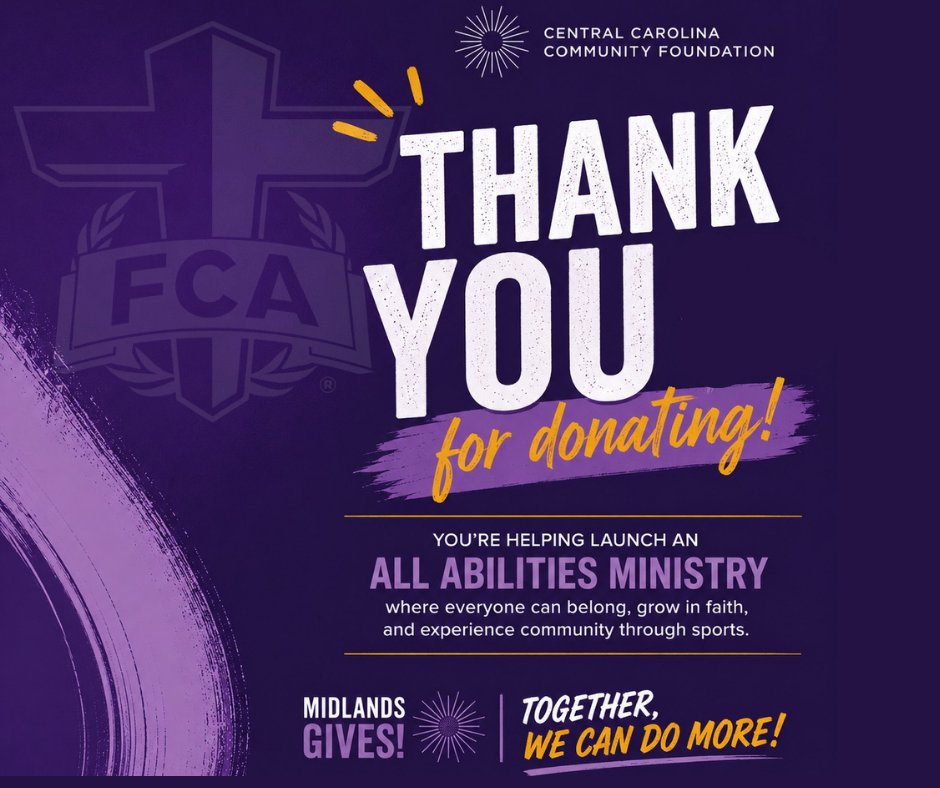 SCMidlandsFCA's tweet photo. 💜 Thank you for supporting FCA through Midlands Gives! 💜
Your generosity is helping move the All Abilities ministry vision forward, and we are so grateful.
#MidlandsFCA #MidlandsGives #ThankYou https://t.co/wRe586TBJU