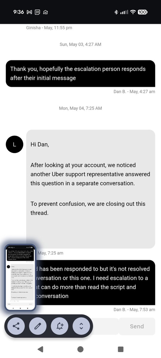 JardinCorenda's tweet photo. 5. I reopen chat and ask for assistance or escalation
6. Uber repeats step 2 and 4
7. Go back to 1

Round and round we go. Both "Priority Support" contacts ghosted me after 1 chat message 
How hard is it to allow me a chance to defend myself and provide ID to show you were wrong? https://t.co/KSBwDqdwT9