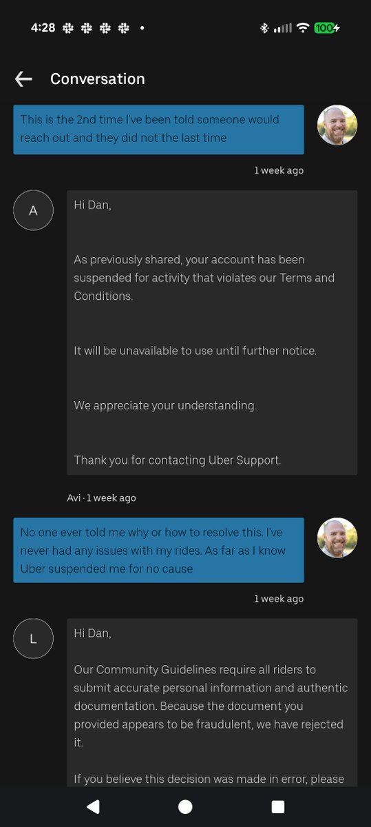 JardinCorenda's tweet photo. @Uber_Support 
feel free to review the screenshots below and go find my chat conversations going back 6 weeks and explain how this is fair. 
Sometime in the last two years Uber reviewed my records and supposedly found something fraudulent, without notice Uber locked my account. https://t.co/qwFSeWvt3K