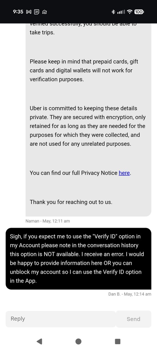 JardinCorenda's tweet photo. 5. I reopen chat and ask for assistance or escalation
6. Uber repeats step 2 and 4
7. Go back to 1

Round and round we go. Both "Priority Support" contacts ghosted me after 1 chat message 
How hard is it to allow me a chance to defend myself and provide ID to show you were wrong? https://t.co/KSBwDqdwT9