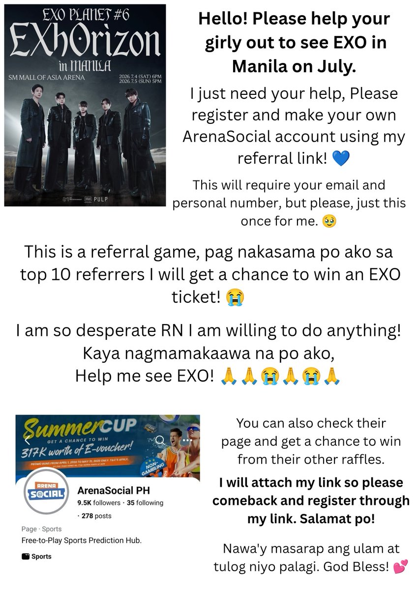 kimyeoniie's tweet photo. Please help RT! 🙏😭🍀

Help your girly out to see EXO in Manila! ✨✨✨

Register thru my referral link.

https://t.co/Vl11cxhUe8

More registration means a higher chance for me! ❤️

Promise hindi ito scam! 🥰
#EXO #EXHORIZON #EXHORIZONINMANILA
#KAI #DO #SUHO #SEHUN #CHANYEOL https://t.co/GJGJCoz9Zf