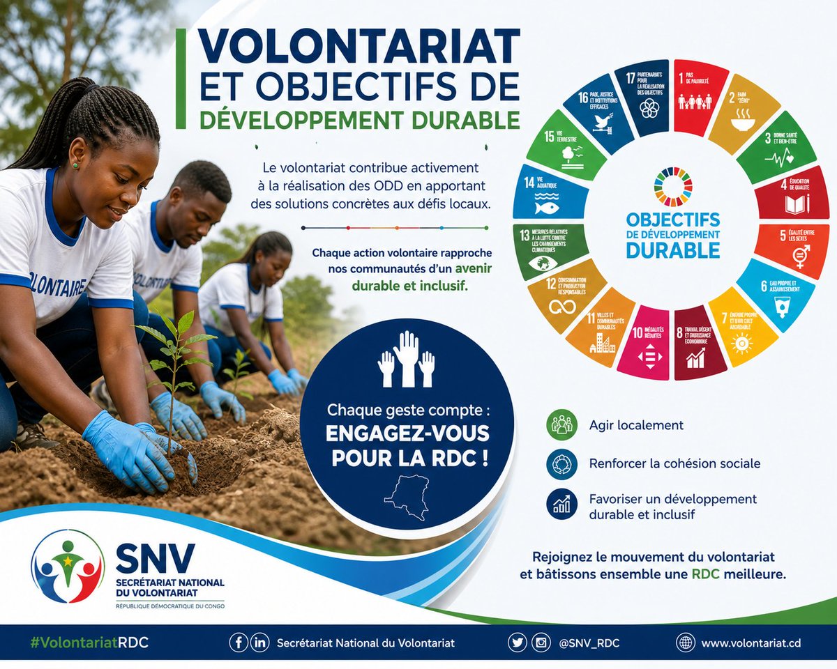 SNVRDC's tweet photo. 🌍 Le volontariat contribue activement aux ODD en RDC.
Des actions concrètes pour un développement durable.
🌍 Chaque geste compte : Engagez-vous pour la RDC !
#VolontariatRDC #SNV #ODD https://t.co/AccYbtMEY8