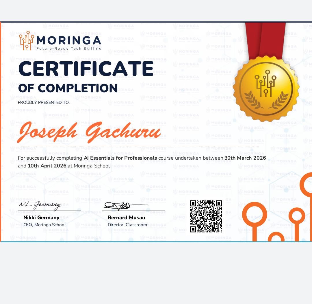 JigishaF5831's tweet photo. Proud to have completed the AI Essentials for Professionals course at Moringa School! 🎓

Excited to apply what I’ve learned and keep growing in AI and tech 🚀

#AI #Learning #Tech #MoringaSchool https://t.co/CjGKYllHhH
