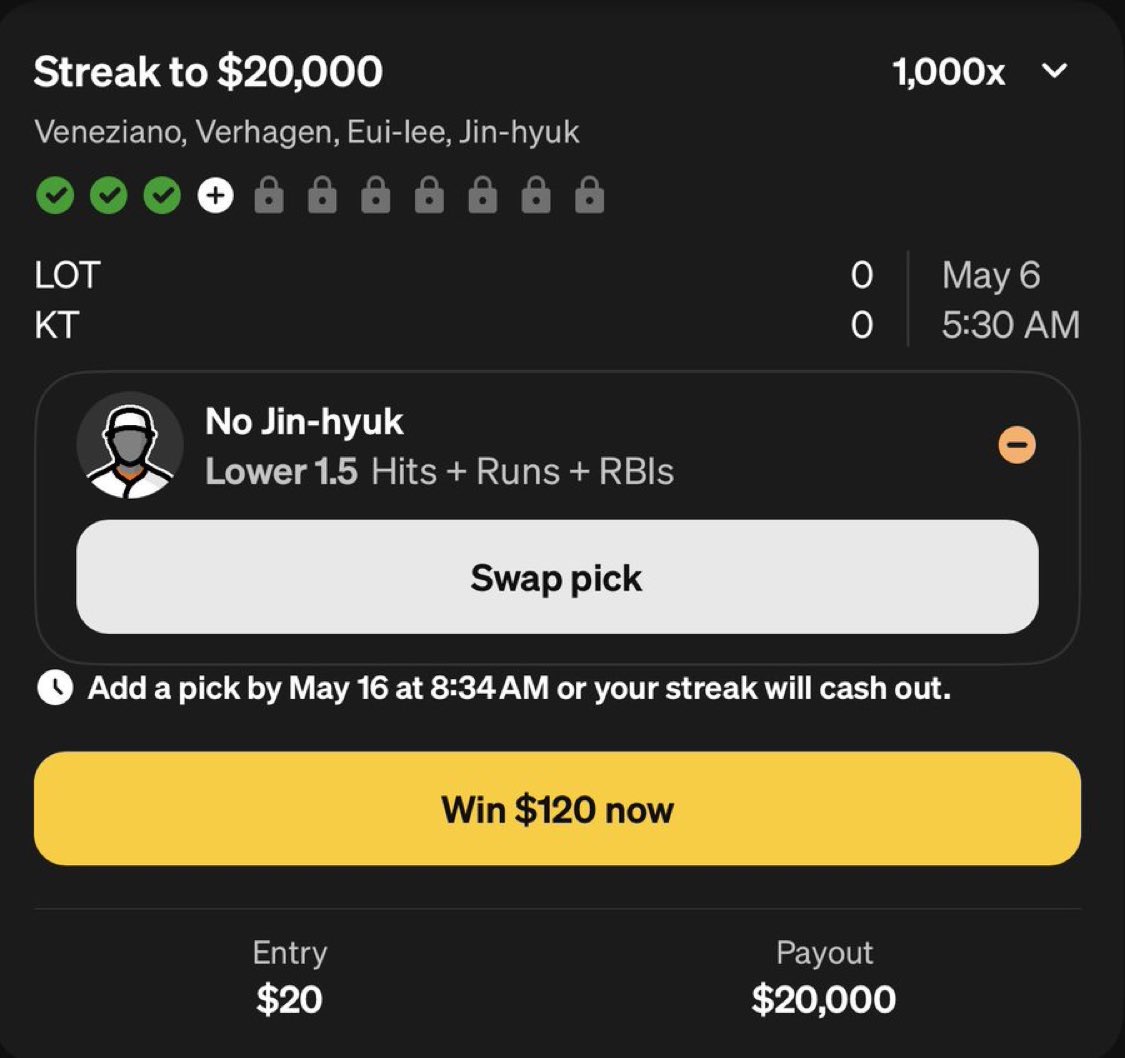 DNP , CAME IN AS A SUB 🙂‍↕️

RUNNING BACK PROP 4 AGAIN TN🏌️

#PrizePicks #GamblingX #KBO