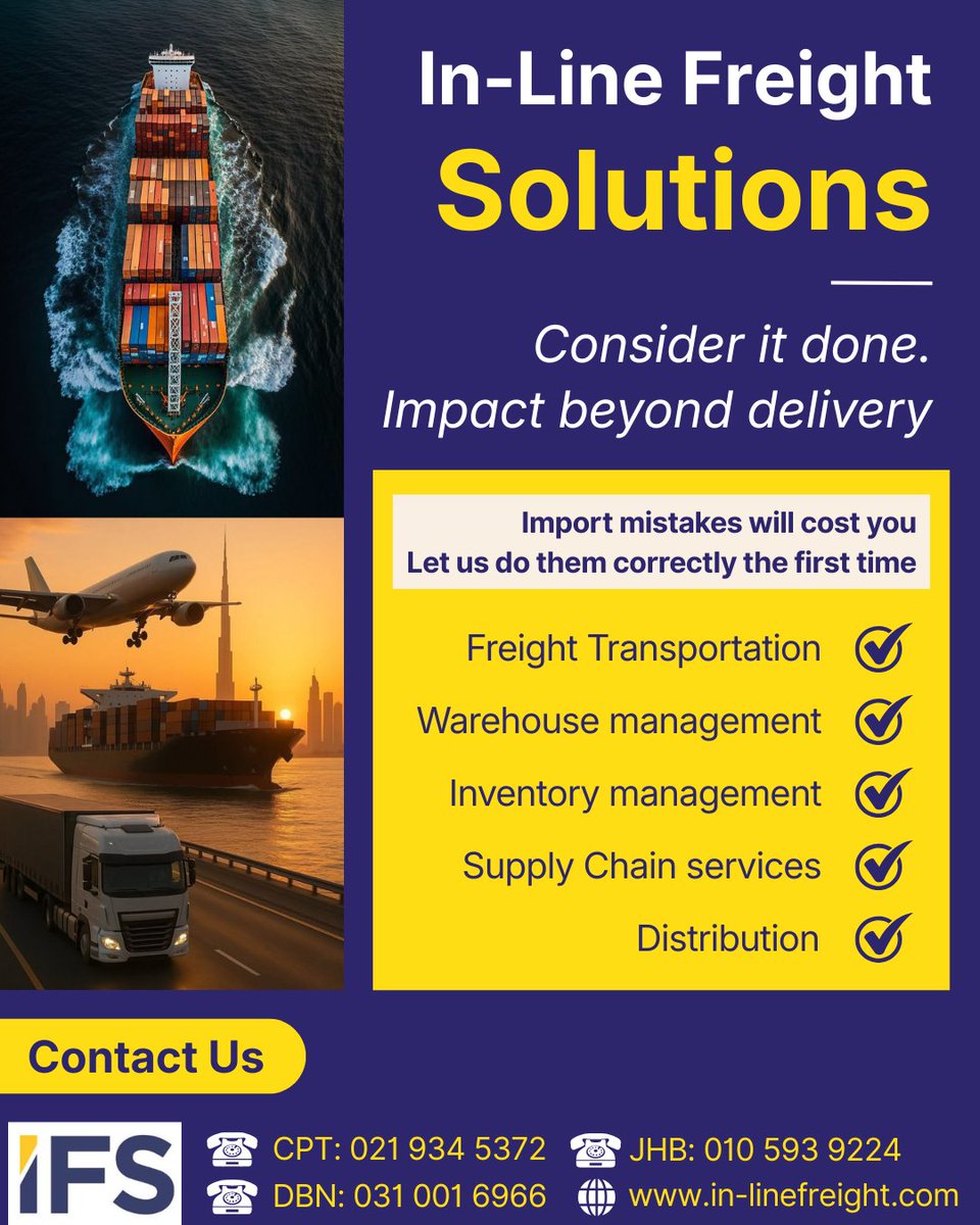 inlinefreight's tweet photo. Import mistakes can cost your business time and money.

IFS provides:
✔ Freight Transportation
✔ Warehouse Management
✔ Inventory Management
✔ Supply Chain Services
✔ Distribution

Reliable logistics support from start to finish.

🌐 https://t.co/ZJt7sxGFZ9 #IFS #Logistics https://t.co/uQD5lUwaSc