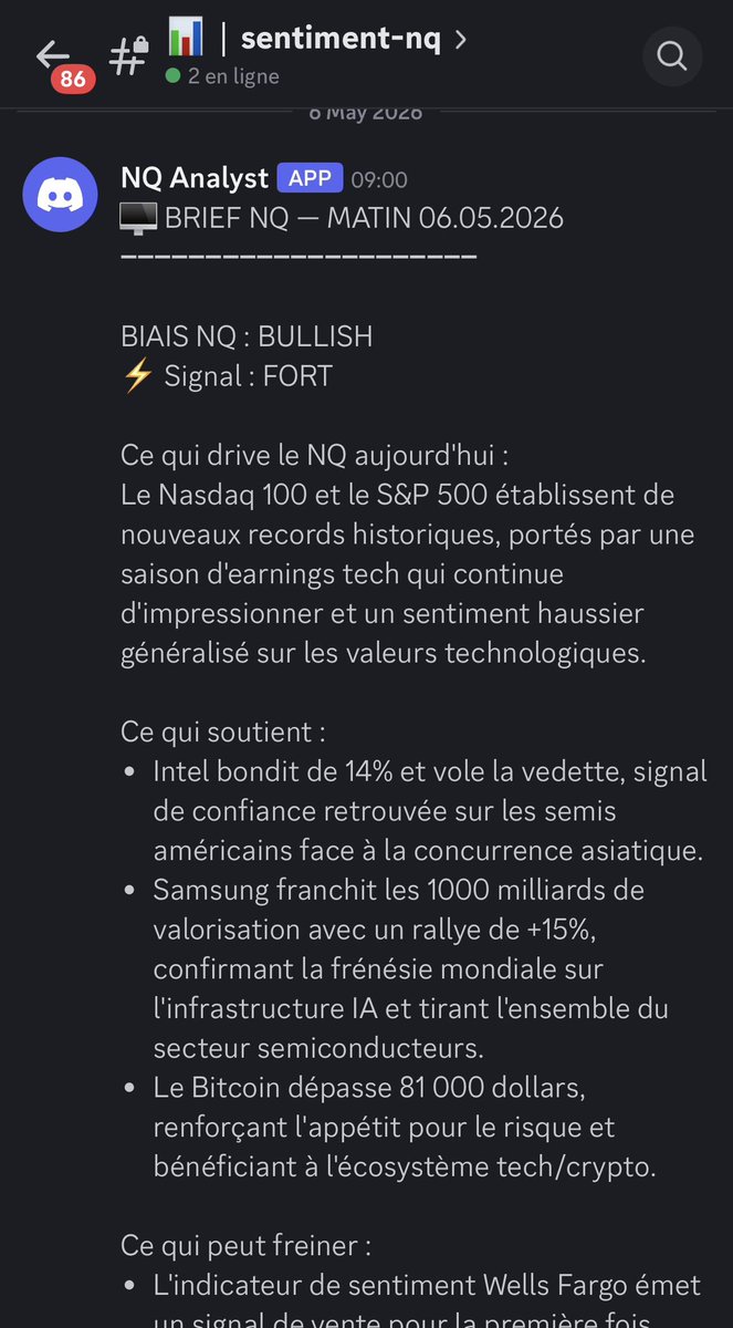 PierreElieMNQ's tweet photo. Ce matin je me réveille, je regarde mon Discord.

🔥Mon bot IA avait déjà fait le travail :
Brief macro NQ BULLISH Signal FORT.

Intel +14%. Samsung +15% et 1000 milliards de market cap. Bitcoin qui repasse au dessus de 81K. Les earnings tech qui continuent de surprendre à la hausse.

Tout pointait dans la même direction.
Résultat : +285 points sur le NQ en moins de 4 heures.

C’est ça la puissance de trader avec du contexte macro plut��t que de regarder des bougies dans le vide.