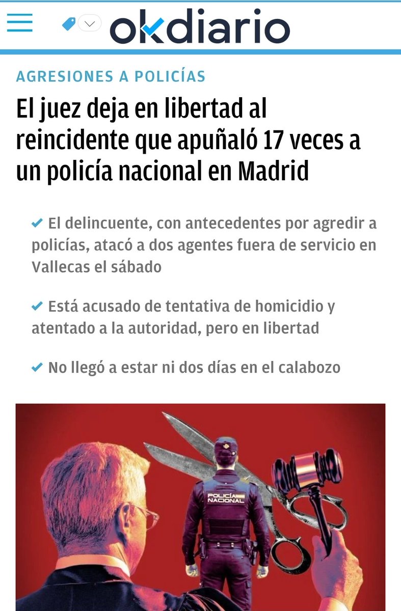 🔴 Apuñaló 17 veces a un policía libre de servicio. El juez lo deja libre.

Detenido el sábado. En la calle el lunes.
Reincidente. 18 años de cárcel previos.

Desde el @SUPpolicia lo denunciamos: la impunidad mata.

Exigimos el reconocimiento de la Policía Nacional como