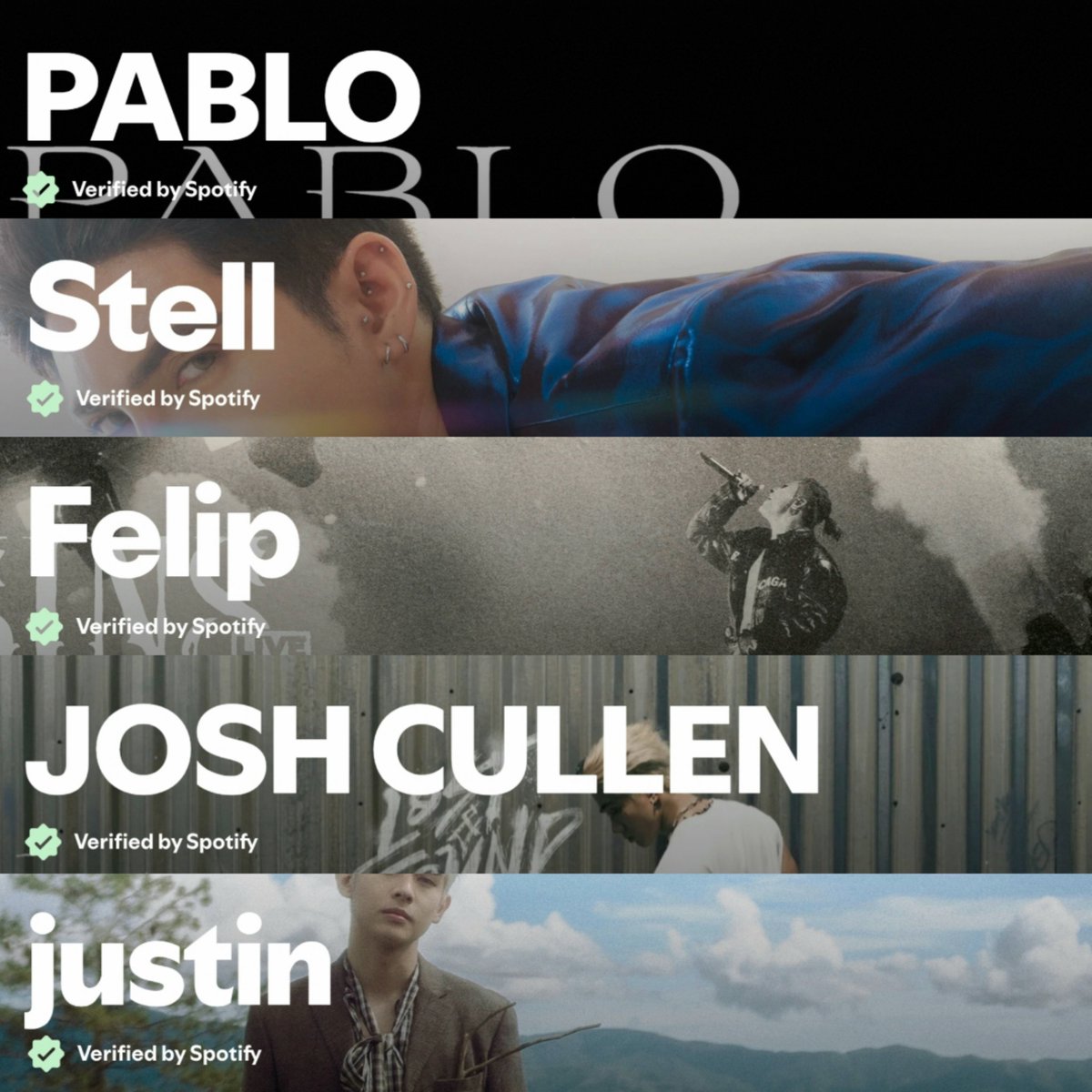 ohmysejunie's tweet photo. SB19 members and solo artists — PABLO, Stell, FELIP, JOSH CULLEN, and justin — Spotify-verified! ✅️

@imszmc #PABLO
@stellajero_ #Stell
@felipsuperior #FELIP
@JoshCullen_s #JOSHCULLEN
@justintdedios #justin

@SB19Official #SB19 https://t.co/Zsar09sEyL