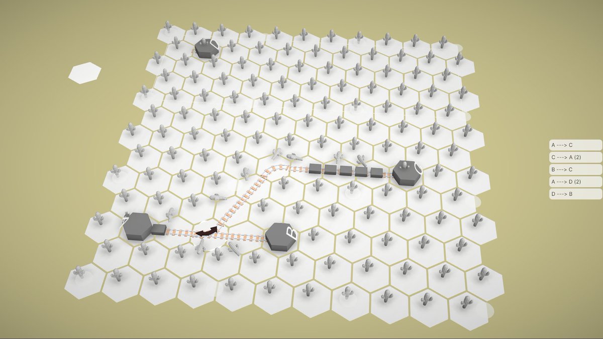 splenbit's tweet photo. Some time ago I decided on a core gameplay: dispatch trains between buildings, following the list on the right.
#indiegame #gamedev #indiedev #HexagonsAreBestagons https://t.co/Jf8HjeA0kp