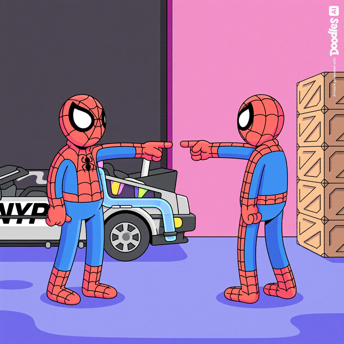 0xpelo_'s tweet photo. The “Spiderverse Detour” 🕷️

One wrong DeLorean jump and suddenly we’re deep in multiverse territory.

Two spider-guys, one iconic pointing moment, and one very suspicious NYPD DeLorean???

#DoodlesAI #Promptcomp2 #TimeTravel https://t.co/shdJSDoTqf