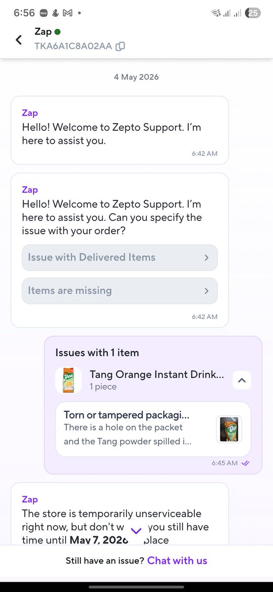 nivinjoy's tweet photo. @zeptocares What sort of support system do you have..?? 

Everytime I raise a complaint, you deny it saying the store is unserviceable whereas I am able to order new items. 

So you have problem with people complaining and have framed the support system like this.. 
@ZeptoNow https://t.co/uZKzNfOR5k