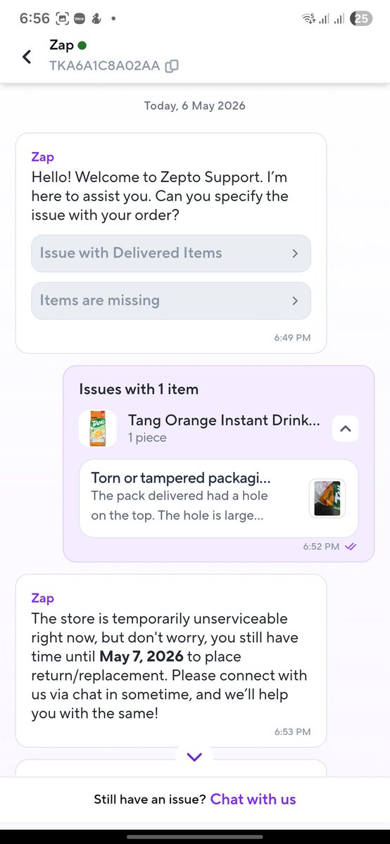 nivinjoy's tweet photo. @zeptocares What sort of support system do you have..?? 

Everytime I raise a complaint, you deny it saying the store is unserviceable whereas I am able to order new items. 

So you have problem with people complaining and have framed the support system like this.. 
@ZeptoNow https://t.co/uZKzNfOR5k