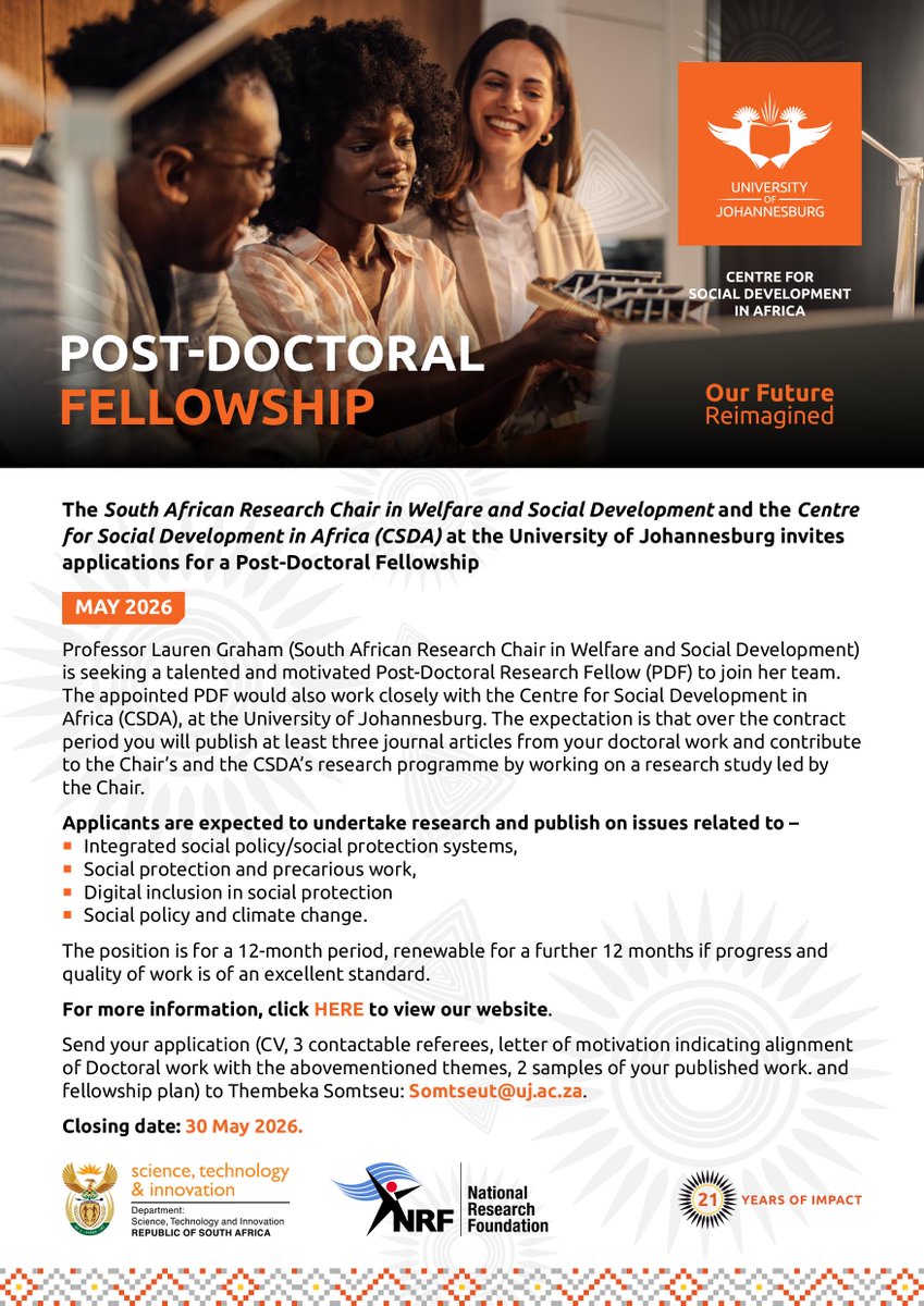 csda_uj's tweet photo. 🚨 Post-Doctoral Fellowship Opportunity at UJ (CSDA &amp; SARChI Chair in Welfare &amp; Social Development)

12-month (renewable) fellowship for emerging researchers in:
• Social protection &amp; precarious work
• Digital inclusion
• Climate change &amp; social policy

📅 Closing: 30 May https://t.co/fd5TN3t92t