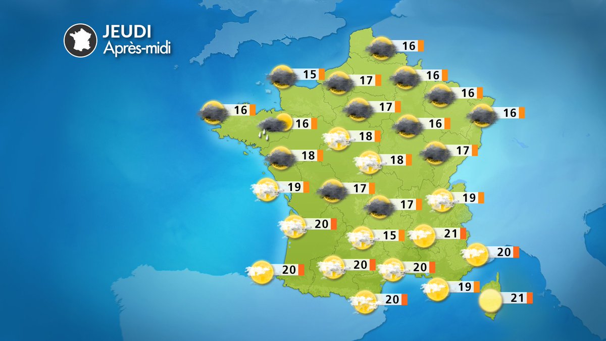 lachainemeteo's tweet photo. 🌤️Ce jeudi, la #goutte #froide s'évacue vers l'Europe de l'Est, et laisse place à un temps plus calme et sec en France. Les #nuages restent nombreux au nord avec une certaine fraîcheur, belles #éclaircies au sud avec jusqu'à 20°C. 😎 https://t.co/YnckezMy8b