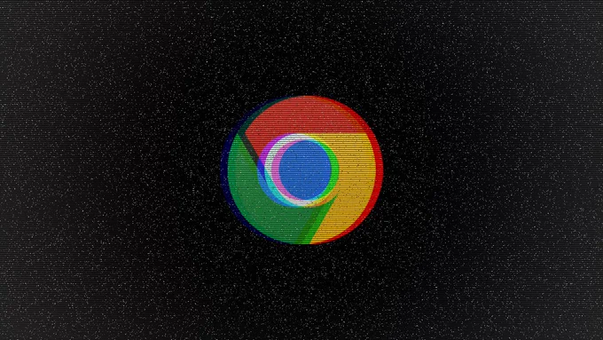 A distorted Google Chrome logo is centered against a dark background, suggesting potential issues with silent AI model installations.