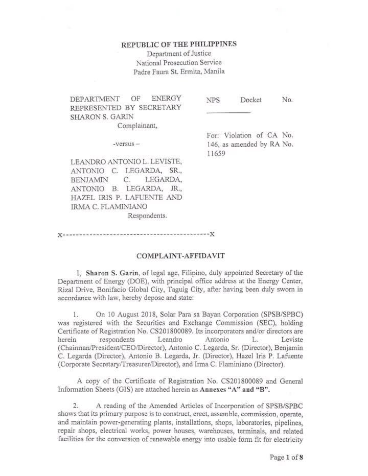 🚨 JUST IN: Sec. Sharon Garin representing the Dep’t of Energy filed a case against Solar Boy Cong. Leandro Leviste before the DOJ…

…over the failure of Solar Para sa Bayan to deliver electricity despite its 25-year franchise since 2019.

Electrifying! ⚡️

#Accountability