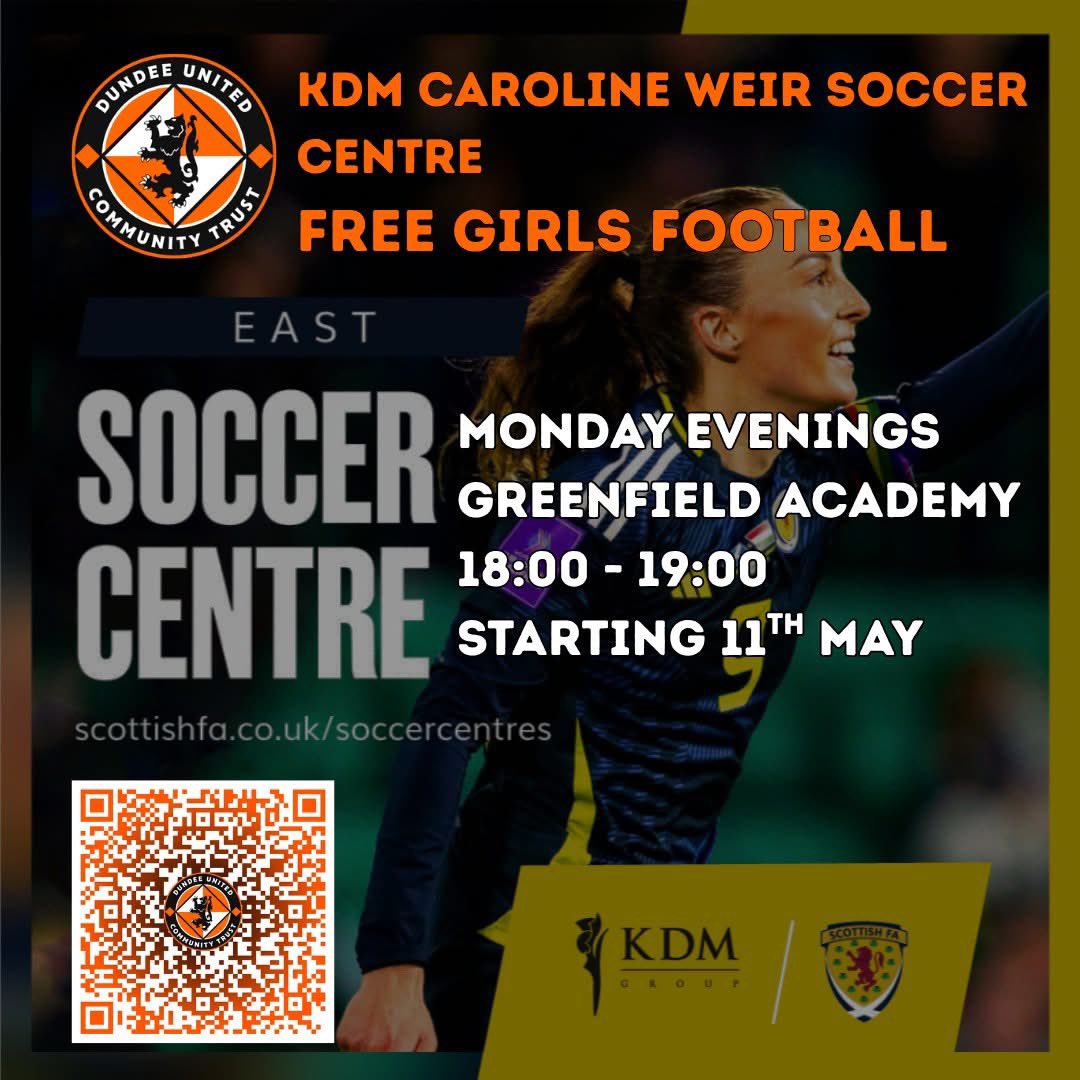 dundeeunitedct's tweet photo. 🧡Free Girls Football🖤

We are delighted to launch a new KDM Centre in partnership with the @ScotFAEast @ScottishFA 

🗓️ Monday, 18:00 - 19:00
📍 Greenfield Academy 
💵 FREE

Register - https://t.co/MT0p8x1eM2

#FootballForAll https://t.co/OJGb9lGi0a