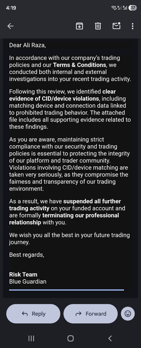 traderbravo456's tweet photo. 🚨🚨🚨🚨🚨
@BlueGuardiancom Payout Issue – Request for Fair Review

I’ve always respected Blue Guardian as one of the prop firms that genuinely supports traders, which is why this situation has honestly been shocking for me.
Recently, my payout was rejected due to a CID Match / Device Match allegation. According to the email, they linked my account activity with multiple countries and claimed prohibited behavior was involved.

What makes this difficult for me to understand is?
I have traded personally from my own device.
I have used my own network/SIM connection.
I already completed a long verification interview (1 hour+) with their team previously and answered everything confidently as a real trader.
I also followed their updated “one percent rule (1%)” after it was introduced.
Because of this, I genuinely believe there may be some misunderstanding, false flag, or incorrect detection involved in my case.
I’m not making this post to attack the firm or create negativity. I still respect the company and the CEO @seanbaint for the support they’ve shown traders over time. My only request is for the risk team to please conduct another fair review of my case and re-check the evidence carefully.
At the same time, I also want to hear from other traders:
Has anyone experienced a similar CID/device mismatch issue?
Can VPNs, shared IPs, cloud routing, or platform-side detection errors trigger false matches?
What is the best professional way to appeal such a decision?
I’m open to cooperating fully and providing any verification required because I know my trading activity was genuine.
Hopefully this can be resolved professionally and transparently for everyone involved.🙏🙏🙏