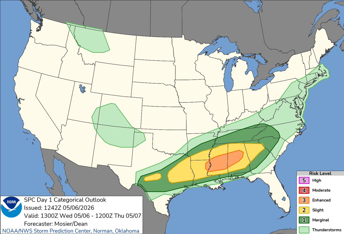 stormfrontwx's tweet photo. SPC maintains day 1 enhanced risk across Mississippi and central Alabama for the possibility of a few strong tornadoes. Have multiple ways to get warnings today if you live in the outlook area. https://t.co/kDYmxsCooX