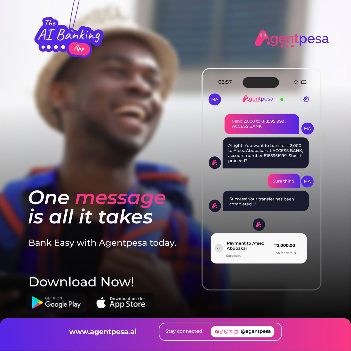 agentpesa's tweet photo. Send money in one message. 💬⚡

No apps juggling. No long processes. No stress.

Just Agentpesa doing the heavy lifting while you smile. 😁💜

Download now &amp; bank different. 🔥

 #Agentpesa #BankEasy #NoWahala https://t.co/SoG5aUfOuY
