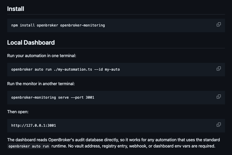 openbrokerhl's tweet photo. openbroker-monitoring now comes bundled with a dashboard to inspect the running automations performance and logs

it's a work in progress and will add more features to it over the week

available on npm and github
https://t.co/JYQ9YxktA4 https://t.co/LYmPtUmGdI