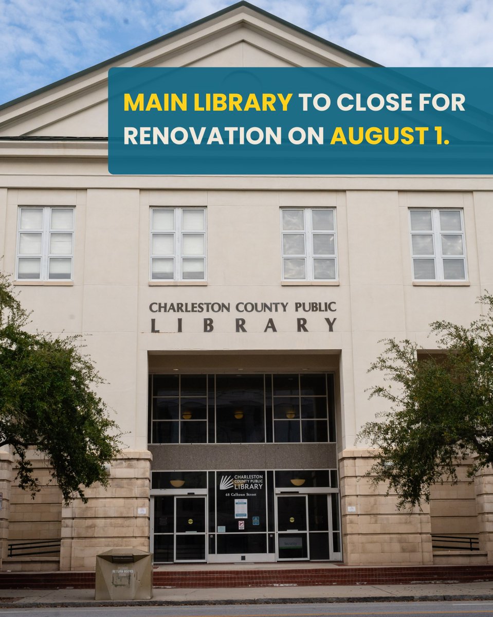 ChasCoLibrary's tweet photo. CLOSURE NOTICE: Main Library will close for renovation beginning August 1. A temporary location will continue core services during the closure. Renovation work is expected to take approximately 18 months. 

🔗 Learn More: https://t.co/83mc7xT68Z https://t.co/amoqLvqSuY
