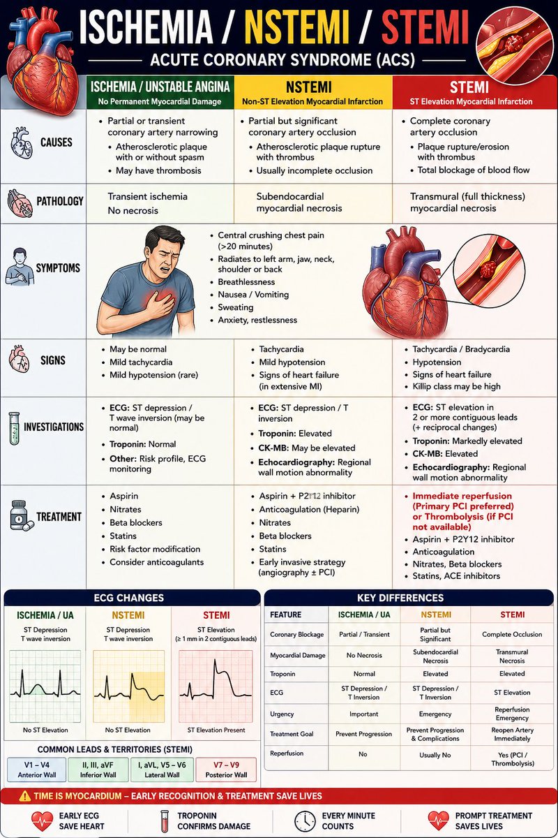 🚨 Not every heart attack looks the same.
📉 Ischemia, NSTEMI &amp; STEMI differ in severity — but all can be life-threatening if missed.

⚡ Early ECG + Troponin testing can save myocardium and lives.
❤️ “Time is Muscle” — rapid recognition and treatment matter.

#STEMI #NSTEMI #ACS