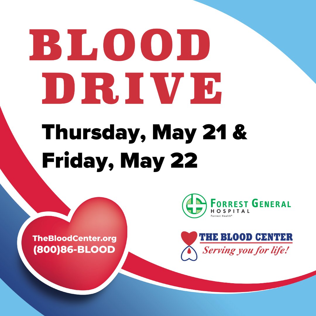 ForrestHealthMS's tweet photo. You have the power to save up to three lives, and it starts with one donation! 

Join Forrest Health and The Blood Center for our Blood Drive at two convenient locations this May!

📅 The Orthopedic Institute — May 20
📅 Forrest General Hospital — May 21 & 22

✅ Walk-ins welcome 
✅ Appointments honored first

Register at your preferred location: 
🔗 The Orthopedic Institute: https://t.co/7b29y8KzV3 
🔗Forrest General Hospital: https://t.co/LUSGIeoydu