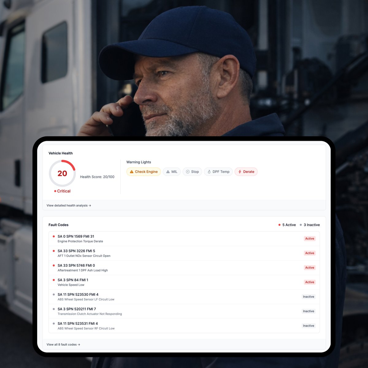 OTRPerformance's tweet photo. Your ELD says: check engine light.

OTR Remote Diagnostics says: P20EE code, SCR efficiency below threshold, 100 miles until derate, here's what to do right now.

That's the difference. Full diagnostic details‚ not just code numbers.

Call (586) 799-4375 to learn more. https://t.co/0uKepzqCYq