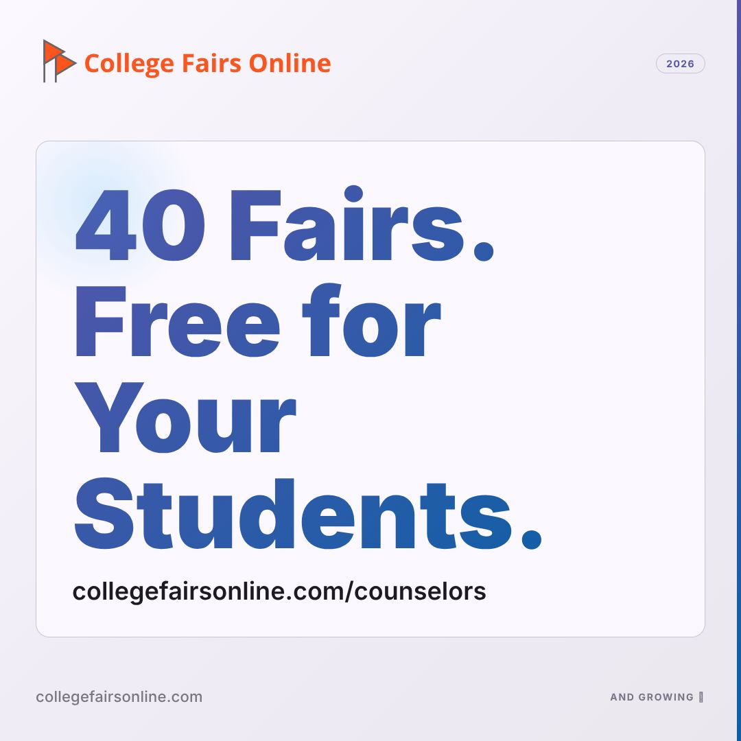 CollFairsOnline's tweet photo. Counselors: one registration gets your students into any fair this season. 40 fairs. 16 areas of interest. Free for everyone. https://t.co/RyRLII67Lz #CollegeFair #SchoolCounselor

https://t.co/MWXL9YEmvQ… https://t.co/sShHXHqse2