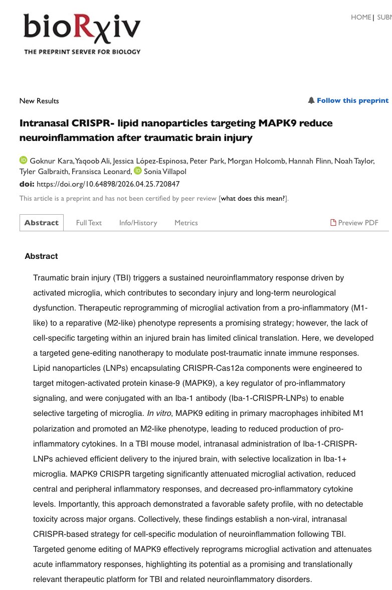 svillapol's tweet photo. 📄 Preprint now available on bioRxiv 🔗 https://t.co/1HW5ravSHK #TBI #Neuroinflammation #CRISPR #Nanomedicine #Neuroscience #BrainInjury #Microglia #GeneEditing #LipidNanoparticles #Neurodegeneration #TranslationalResearch #BrainHealth #Neuroimmunology #ScienceResearch https://t.co/pWLTtmK1yy