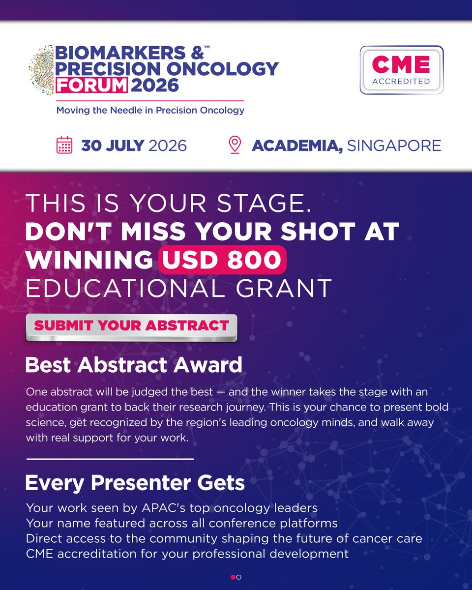 precisiononco's tweet photo. 🧬 Present your research to APAC's oncology community. Compete for a USD 800 Educational Grant. Be a part of BPOF 2026.

📅 Abstract deadline: 15 May 2026

→ https://t.co/2nbQFDLqHR

#BPOF2026 #PrecisionOncology #CallForAbstracts https://t.co/Sr6tm4seil