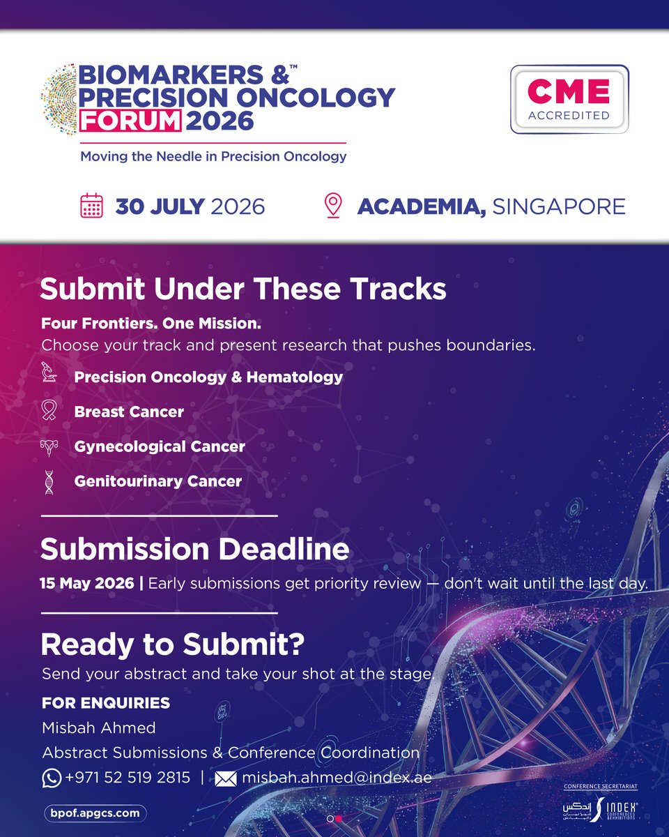 precisiononco's tweet photo. 🧬 Present your research to APAC's oncology community. Compete for a USD 800 Educational Grant. Be a part of BPOF 2026.

📅 Abstract deadline: 15 May 2026

→ https://t.co/2nbQFDLqHR

#BPOF2026 #PrecisionOncology #CallForAbstracts https://t.co/Sr6tm4seil