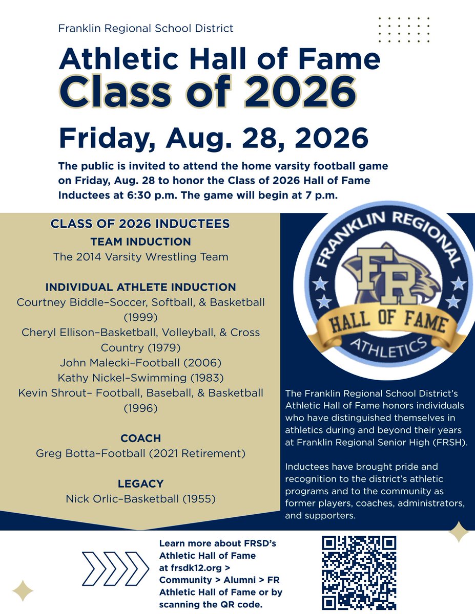 FRSDPanthers's tweet photo. 🏆 FRSD's Athletic Hall of Fame Class of 2026 honors outstanding Athletes, Coaches &amp; Legacy Award recipients who exemplify excellence at Franklin Regional &amp; beyond. Join us Aug. 28 for the induction ceremony!👉Learn more at https://t.co/HWCfKhrJL0  #FRHallofFame2026 https://t.co/hZnUBTcWCN